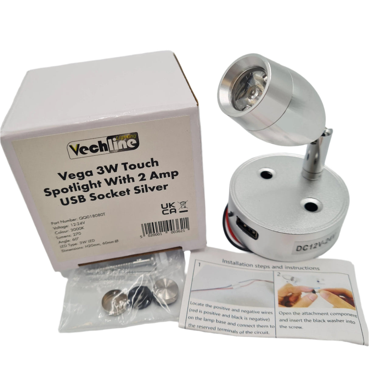 Vechline Vega LED 3w Spotlight with USB Socket -12/24 volt - 018080T