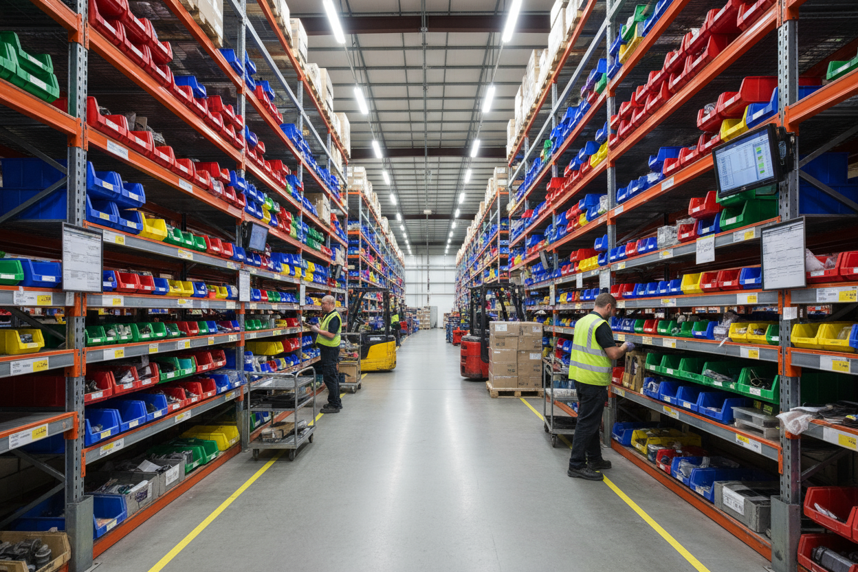 warehouse with shelving including pick bins and items