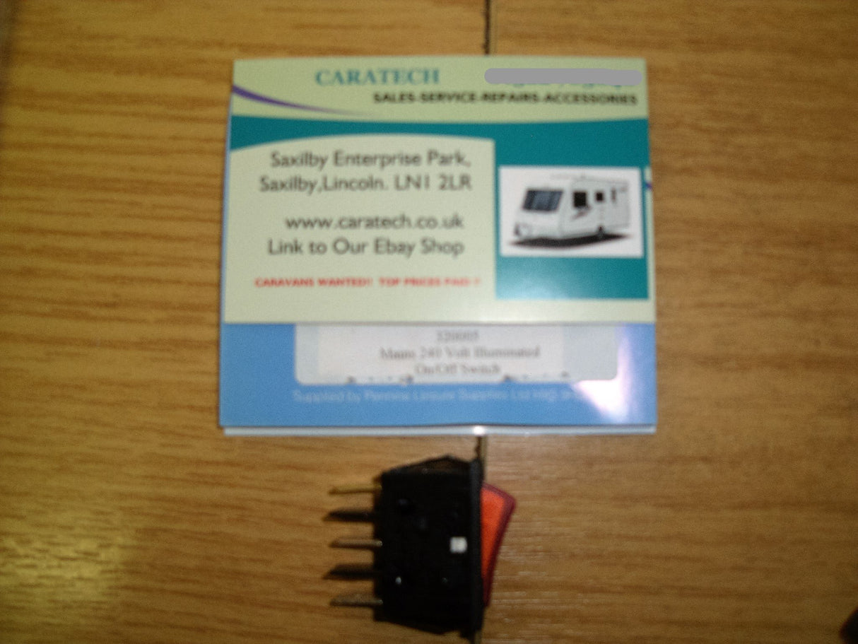 Mains on / off rocker switch - 240 volt - Illuminated - Black - 320005 - Caratech Caravan Parts
