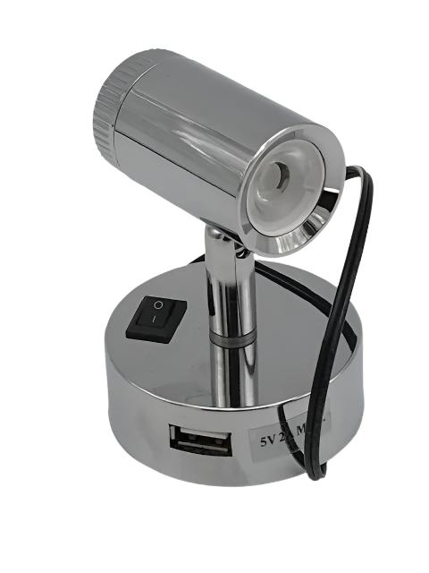Mensa - LED Spotlight with Two USB Sockets - Chrome Effect - PO788 - Caratech Caravan Parts