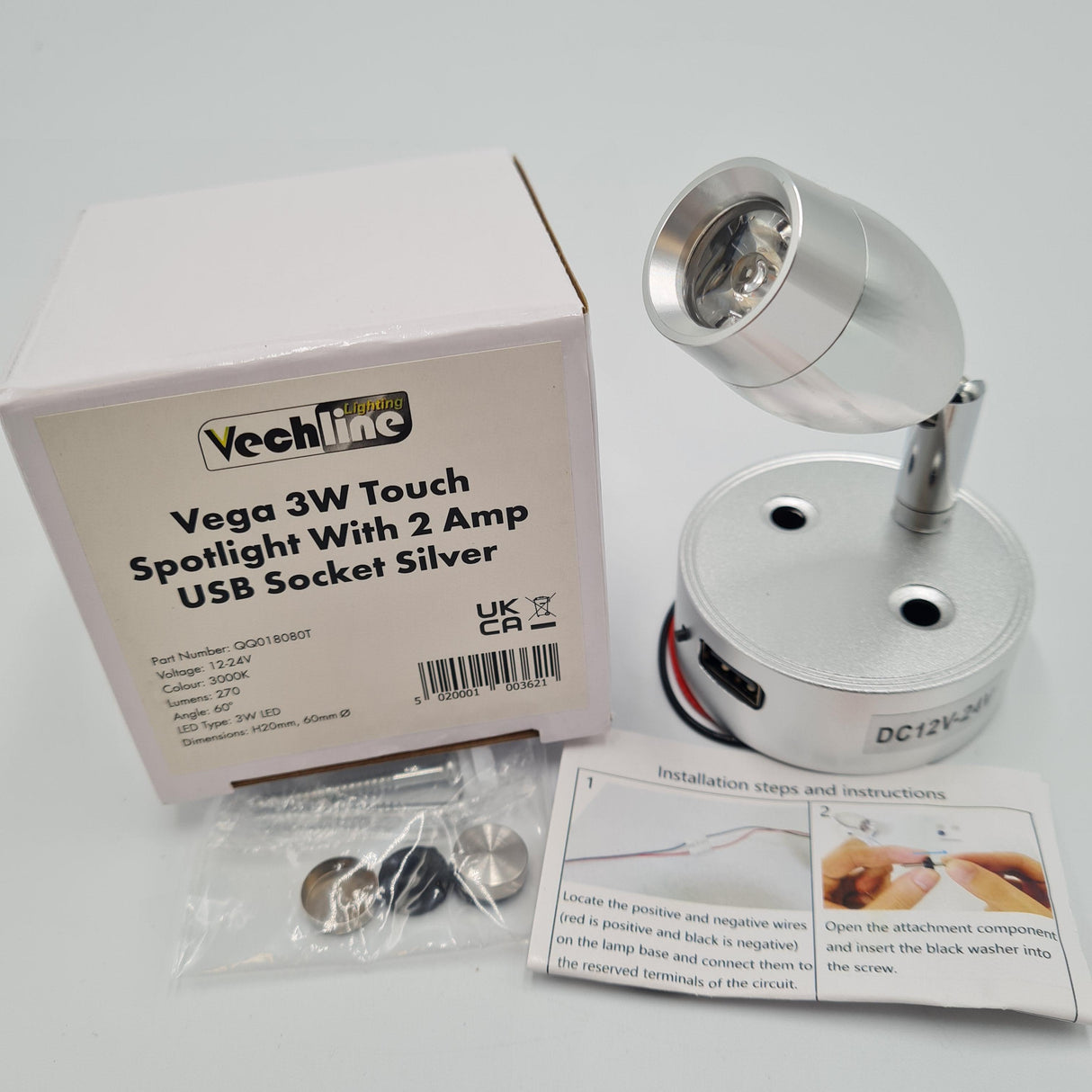 Vechline Vega LED 3w Spotlight with USB Socket -12/24 volt - 018080T